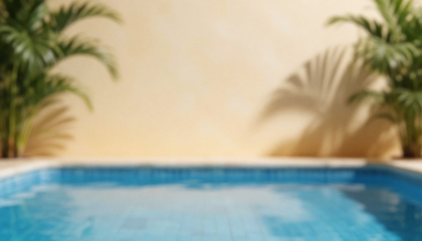 Blurred background of a hotel pool with blue water and palm trees, ideal for commercial text overlays in a relaxed tropical setting.