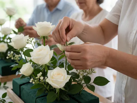 Adult hands carefully arranging delicate white roses and greenery in green floral foam under natural light for event and wedding decoration details.