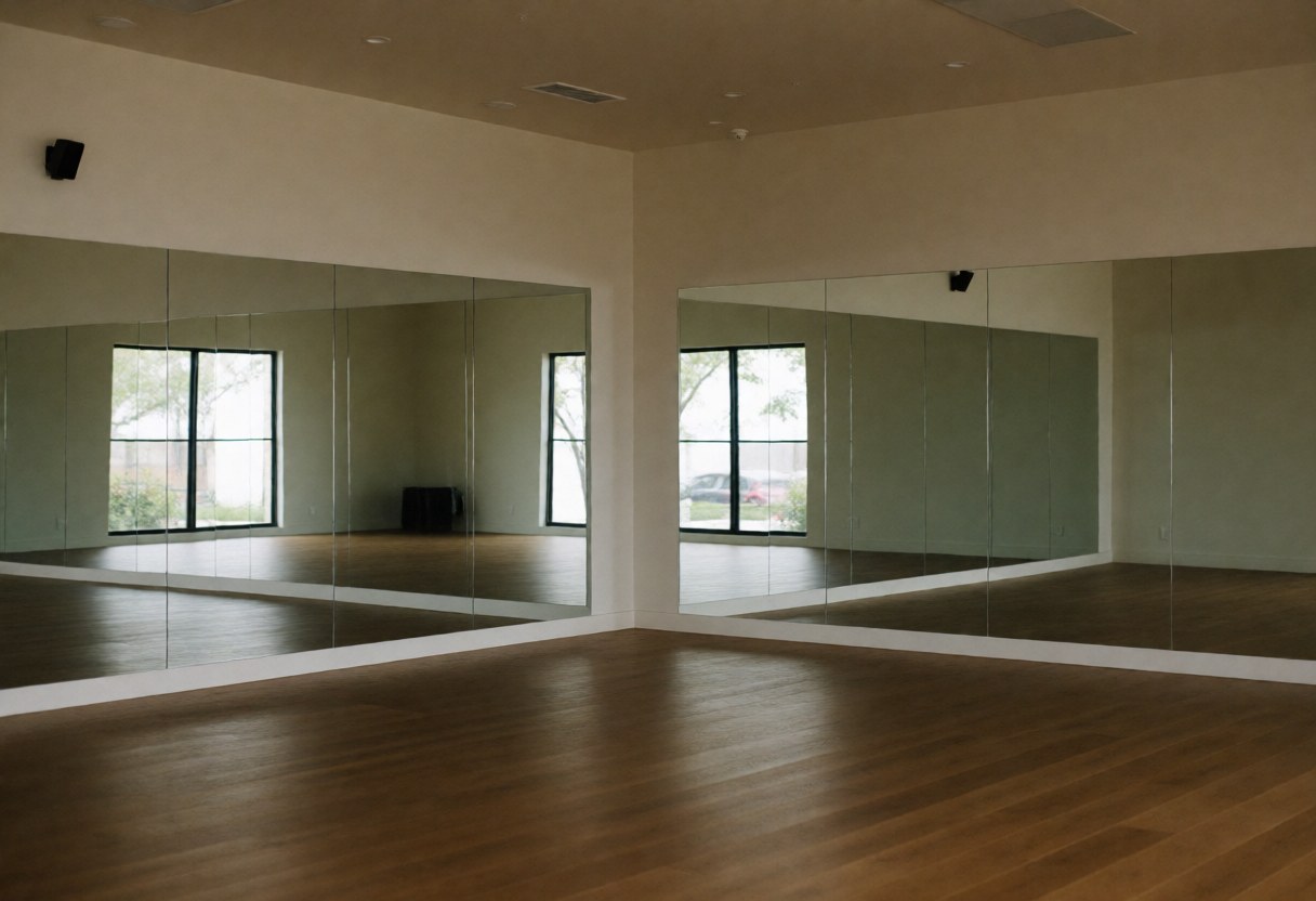 Spacious empty yoga studio featuring wall-to-wall mirrors, hardwood flooring, and natural light creating a calm atmosphere for fitness and wellness centers.