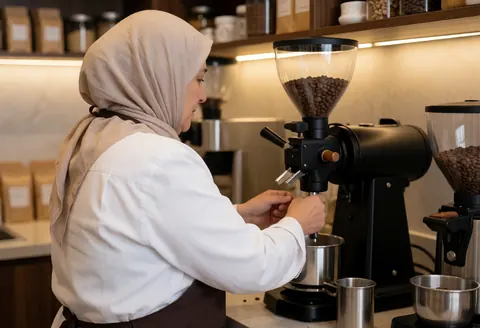 A woman uses a coffee grinder in a cafe, with visible beans in the container and shelves of products in the background under warm lighting.