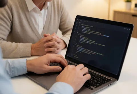 A software developer types code on a laptop in a modern office while a client watches attentively nearby.