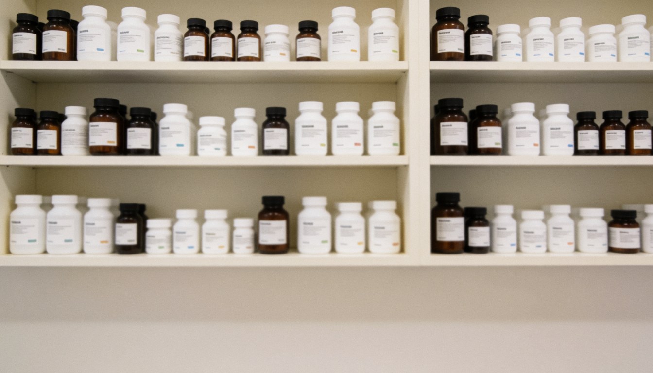 Shelves in a clinical laboratory holding various medication jars and bottles, featuring soft lighting and ample copy space for medical diagnostic services
