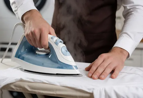 A close-up view of a white shirt being pressed with a steam iron, highlighting the professional laundry care service provided to guests at a hotel.