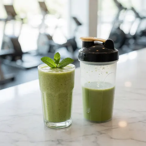 Green mint smoothie in a glass and blender on a marble counter with blurred gym equipment in the background and natural lighting.