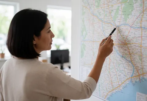 A professional woman in an office setting reviews a travel map and documents while providing destination advice to a client, illustrating travel planning services.