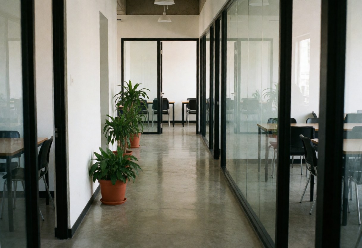 Modern language center hallway with polished floors, potted plants, classrooms with tables and chairs, white walls, windows, natural light, clean and professional atmosphere