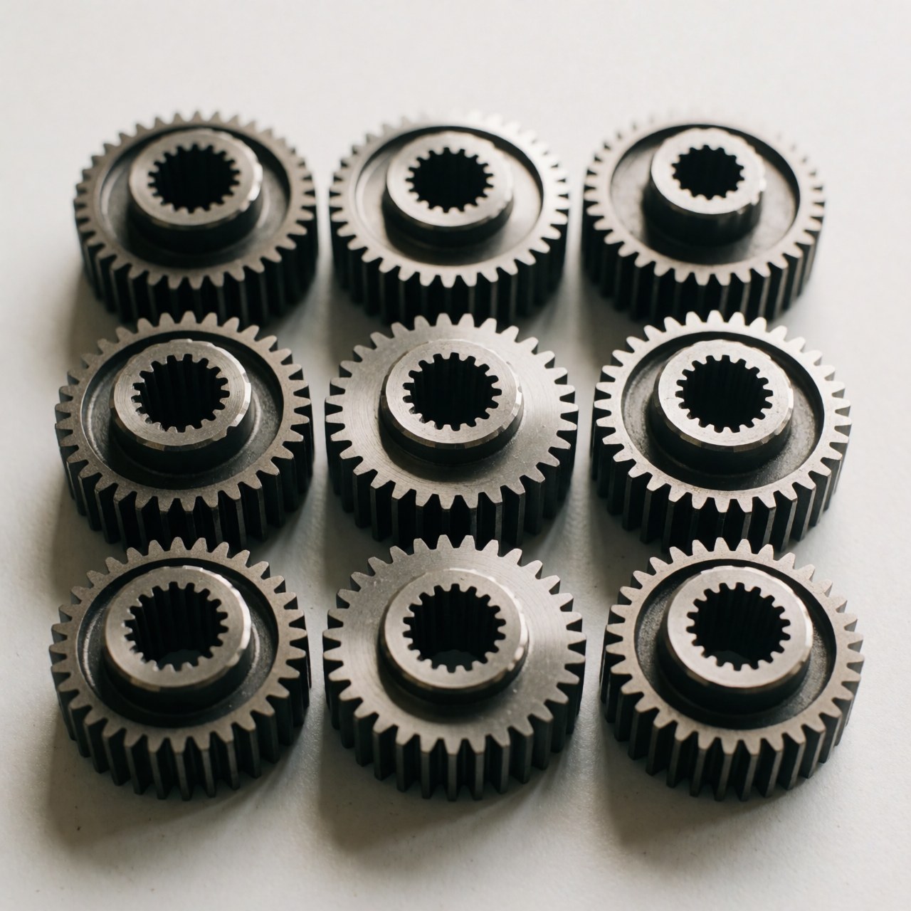 Close-up of polished precision metal gears and mechanical components arranged on a clean white background for manufacturing and engineering contexts