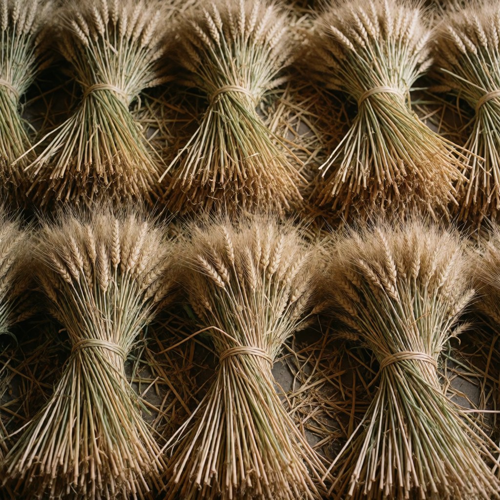 Close-up view of fresh harvested wheat bundles stacked together, showcasing golden grains and natural texture ideal for agricultural product display