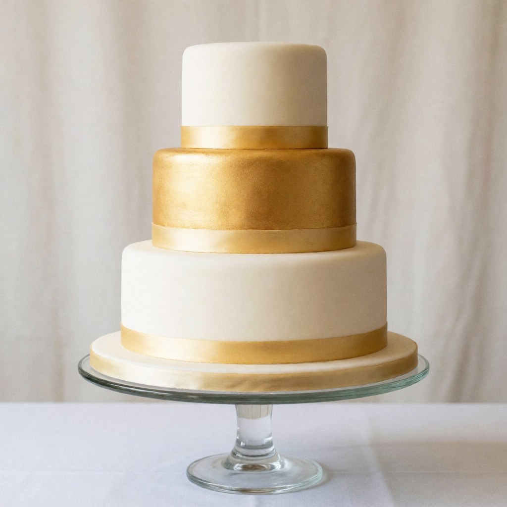 A white wedding cake featuring elegant gold accents and intricate detailing, presented on a clear glass stand against a neutral background for product display.