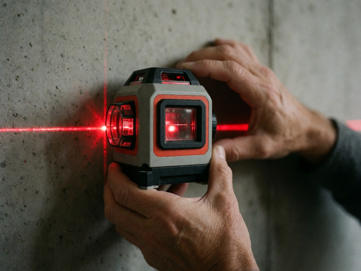 Hands holding a laser level projecting a precise red line onto a concrete wall for construction work