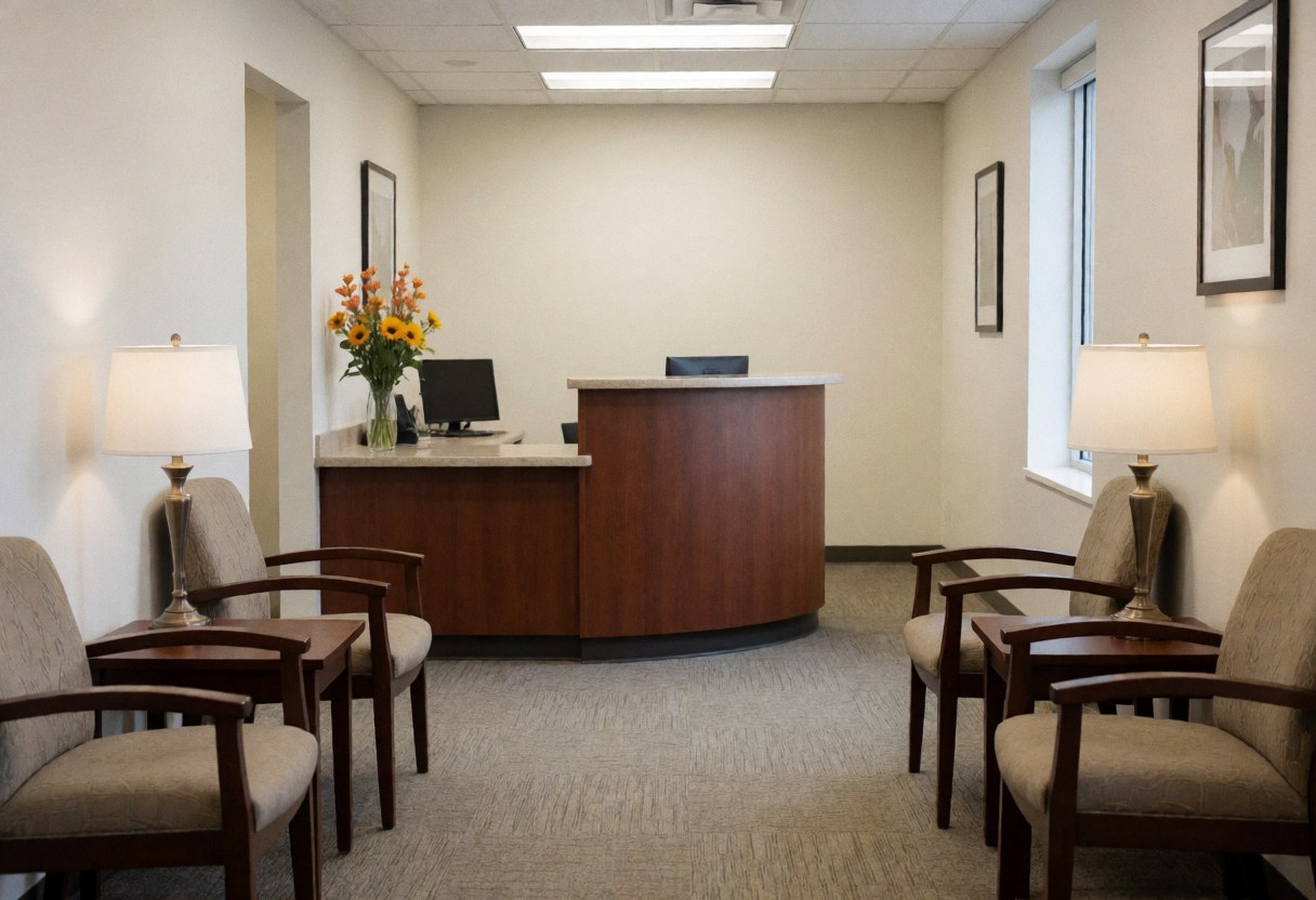 Modern online store reception featuring comfortable chairs, a wooden desk, computer, flowers, and natural light in a cozy interior.