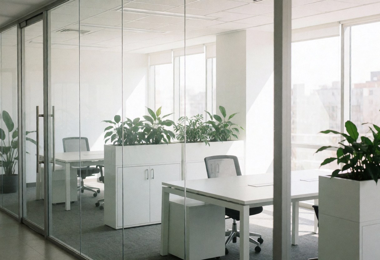 Bright and clean empty office space featuring glass walls, a desk, and green plants, ideal for software and startup business contexts