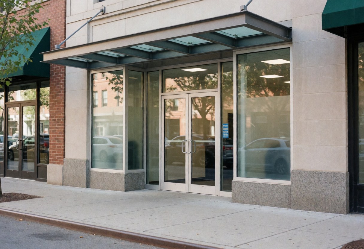 Modern security business storefront featuring reinforced glass doors, a sleek awning, and a clean sidewalk facade.