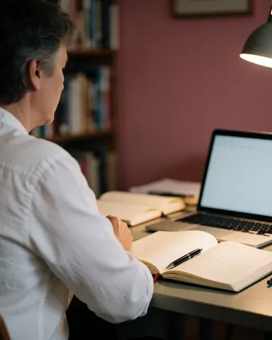 A consultant working at a desk with a laptop, notebook, and pen, surrounded by books and office supplies, focusing on strategy and planning.