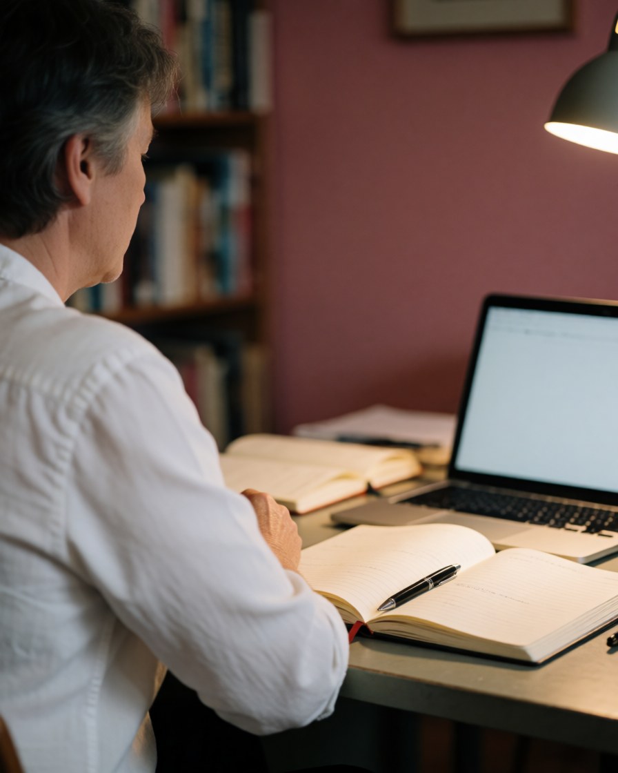 A consultant working at a desk with a laptop, notebook, and pen, surrounded by books and office supplies, focusing on strategy and planning.