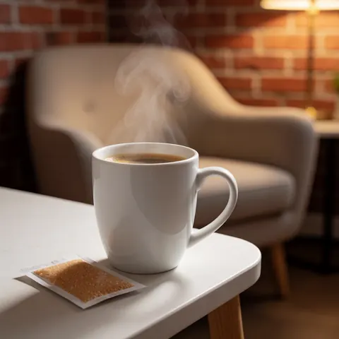 White mug with hot steaming coffee and sugar packet on white table, beige chair, red brick wall, warm lighting