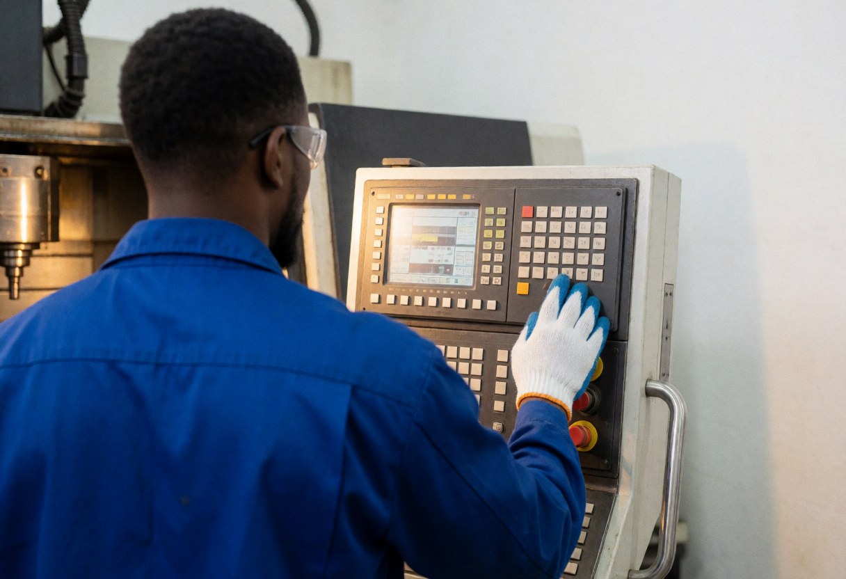 Technician in blue uniform and safety gloves operating a CNC machine with a digital panel in focus within an industrial setting.