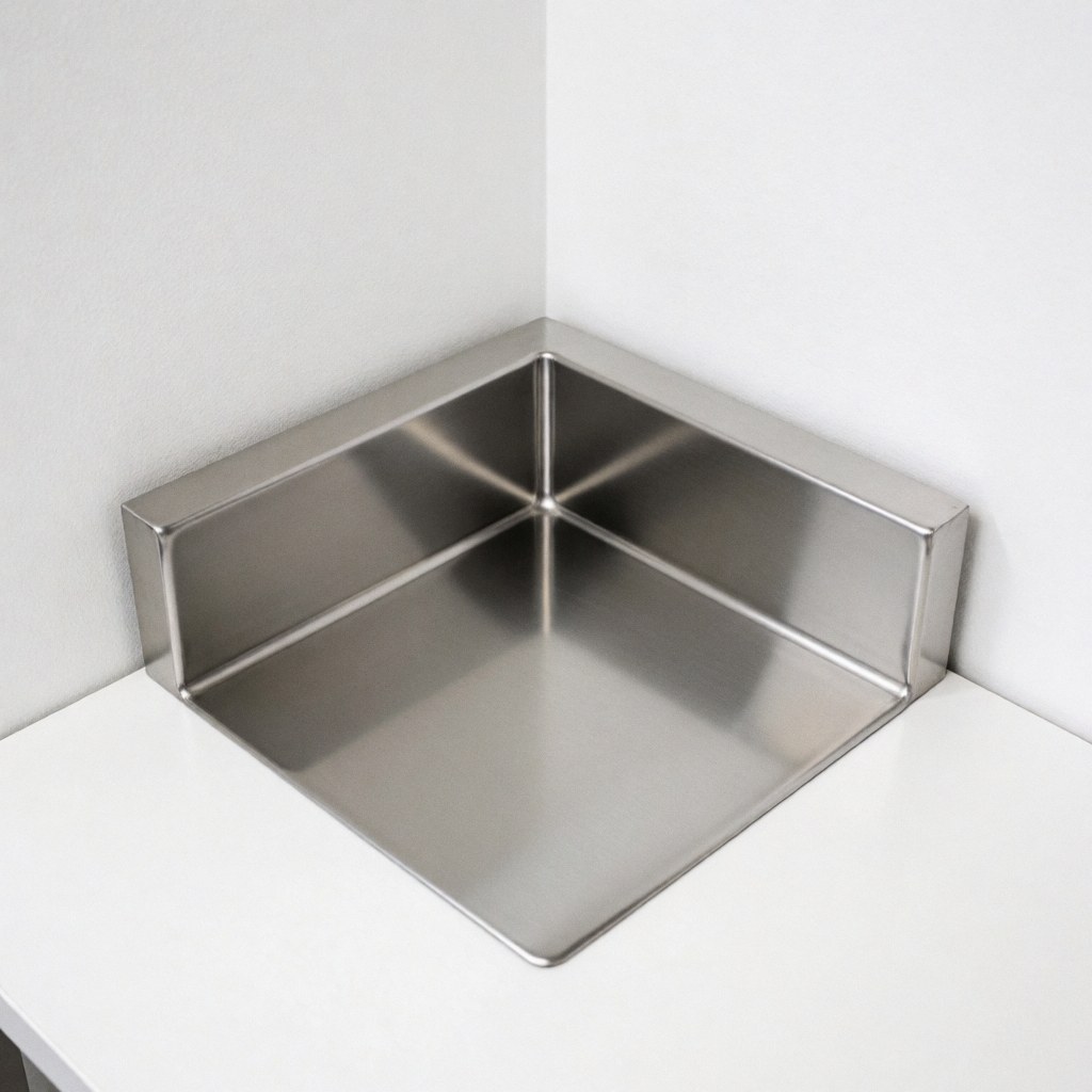 Close-up view of a corner stainless steel sink installed in a modern commercial kitchen with white countertops and reflective surfaces
