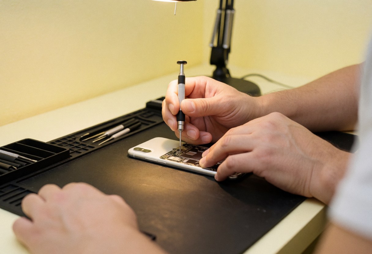 A technician's hands using a screwdriver to repair a mobile phone device in a professional electronics service setting