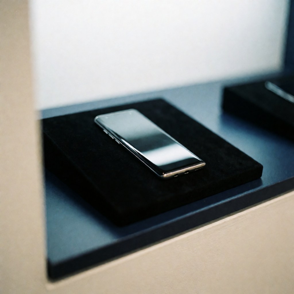 Close-up view of a black Samsung Galaxy smartphone with curved screen edges resting on a white surface, reflecting light in a minimalist modern setting