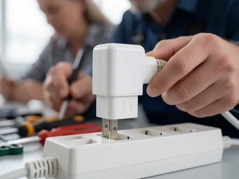 Hand inserting a white power adapter into a white electrical outlet with blurred tools and workshop background