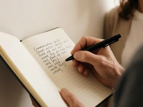 Close-up of an adult hand writing communication notes in a notebook with a pen on a white background.