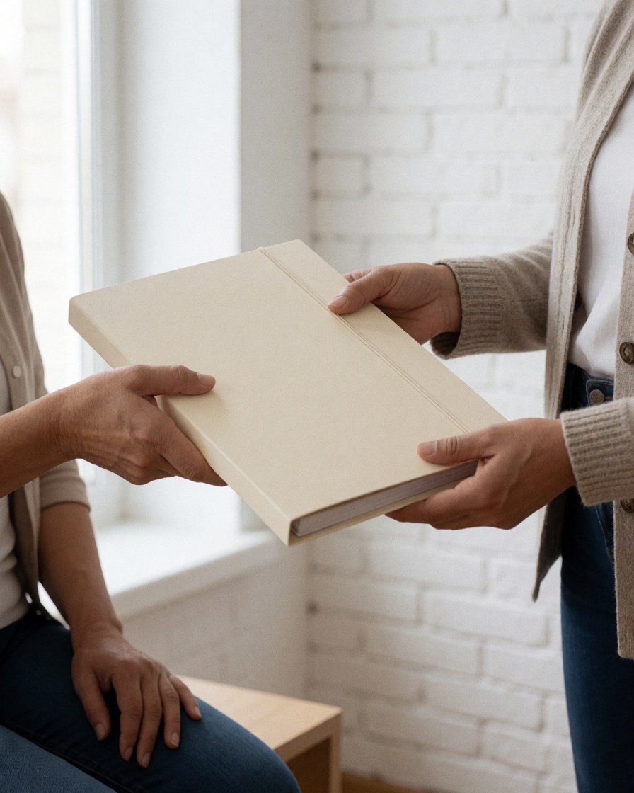 A professional insurance agent hands a folder containing a policy document to a happy customer in a bright office with white brick walls and natural light from a window.