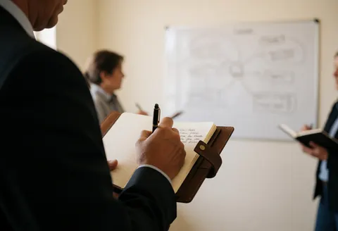 A professional person writing notes in a notebook during a work meeting with a whiteboard and diagrams in the background
