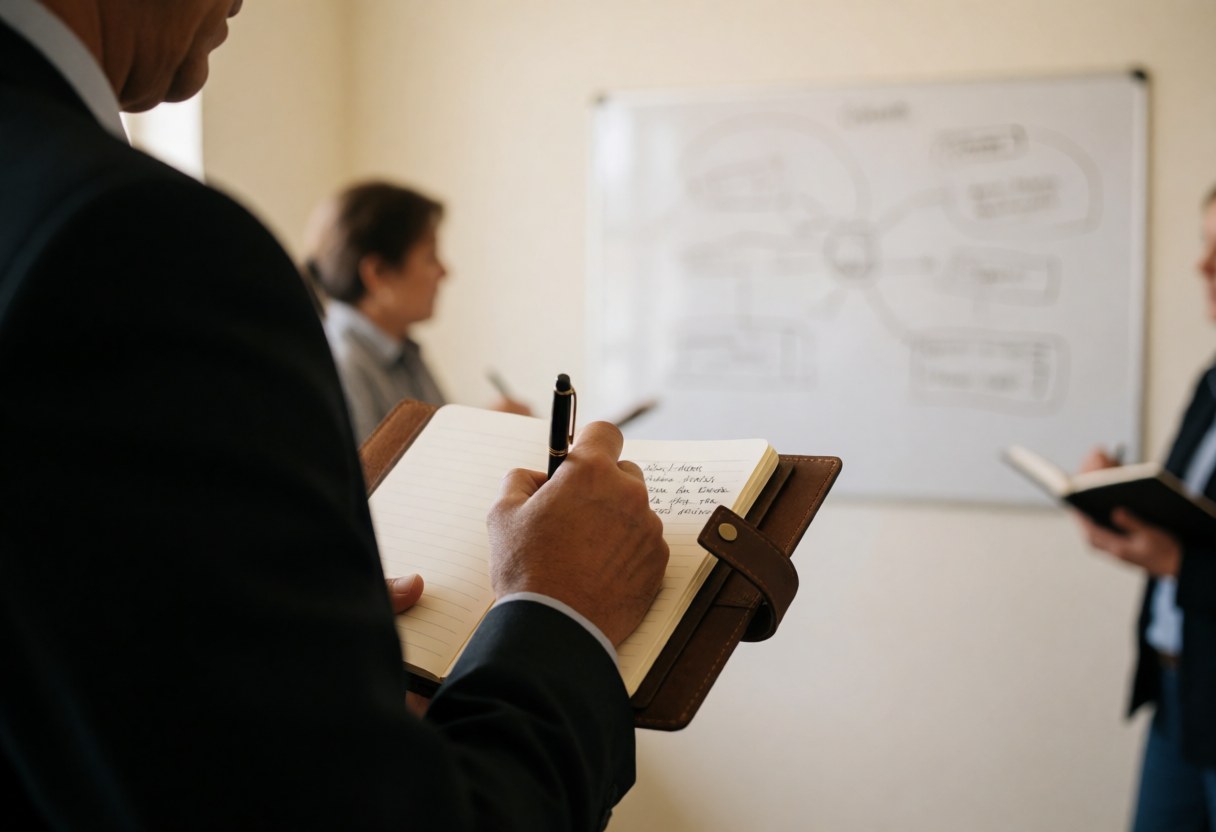 A professional person writing notes in a notebook during a work meeting with a whiteboard and diagrams in the background