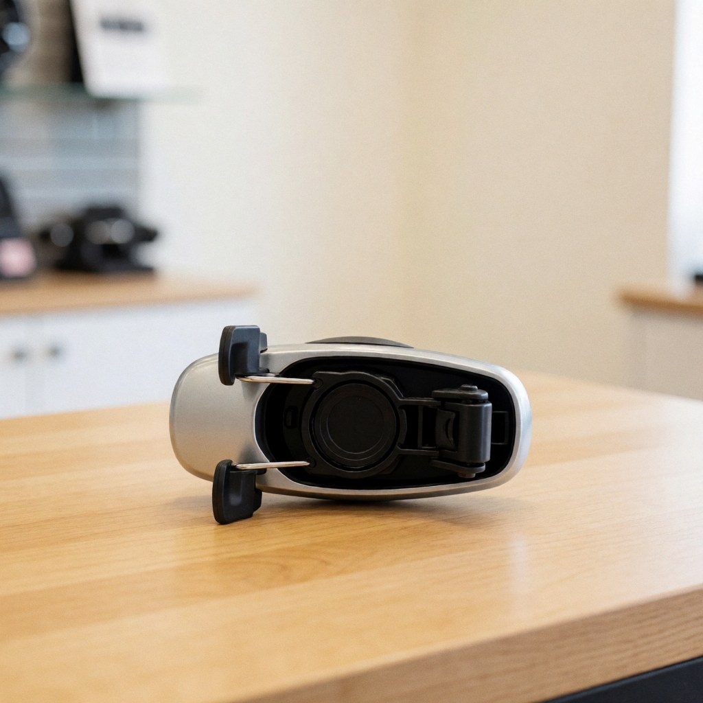 Metallic car window assembly resting on a light wooden table with a blurred kitchen background and neutral professional lighting.