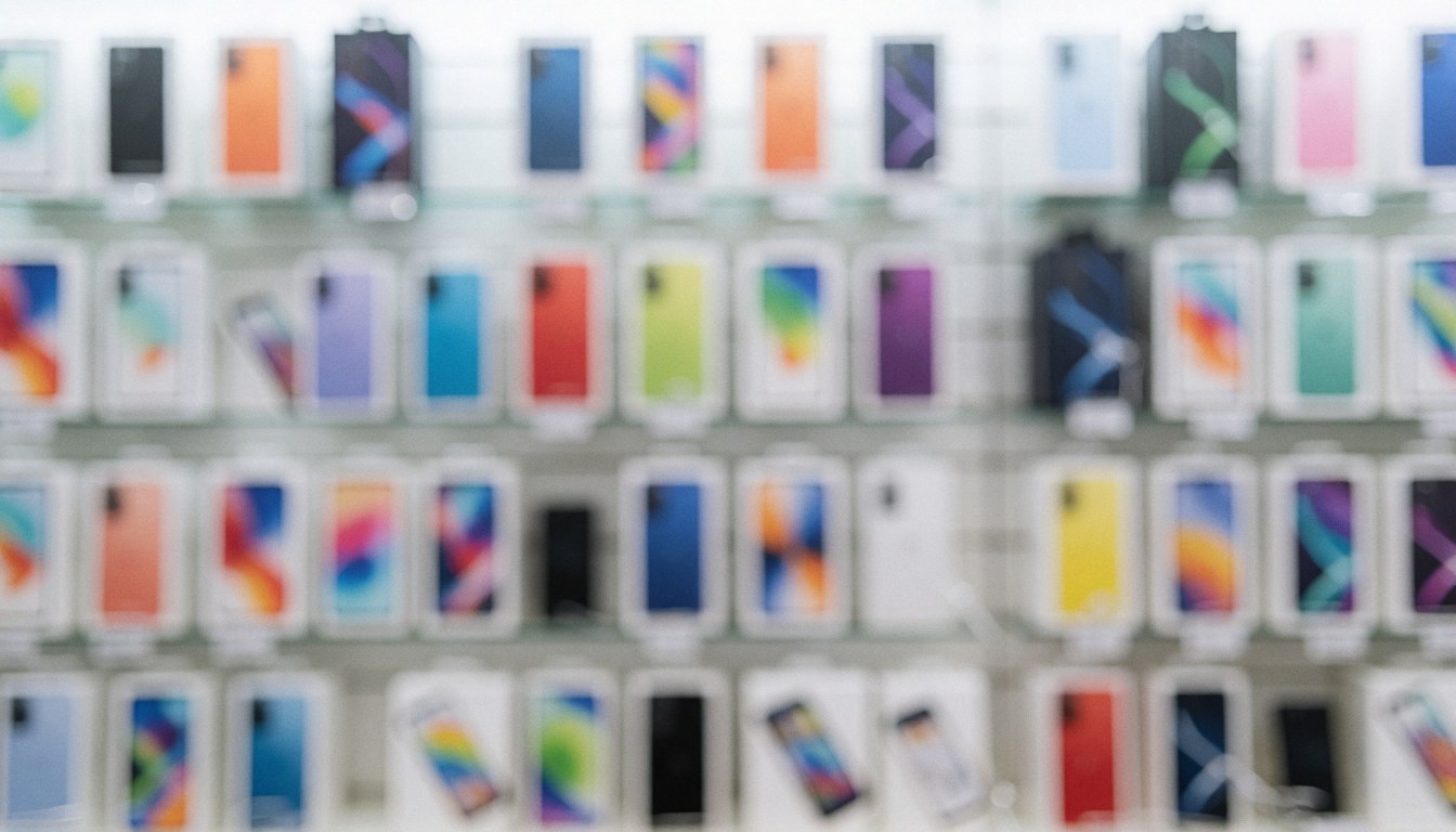 Out of focus retail display of smartphone boxes with colorful bokeh lights, serving as a vibrant background for promotional text on websites and social media.