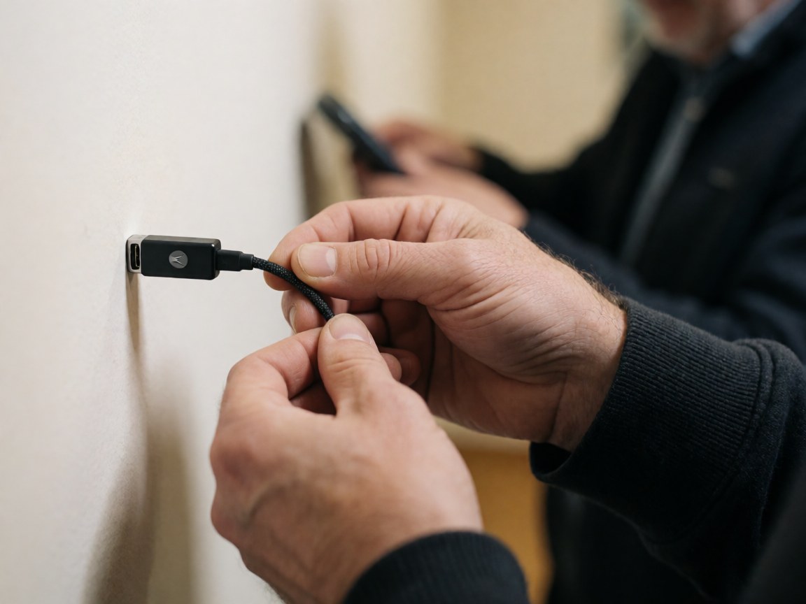 Hands connecting a braided charging cable to a wall USB port, showing the connection detail with professional studio lighting.