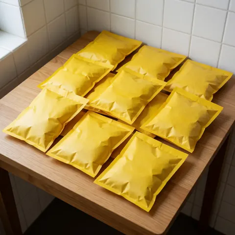 Several yellow corn seed packets arranged on a wooden surface with a white tiled background, suitable for agricultural product display