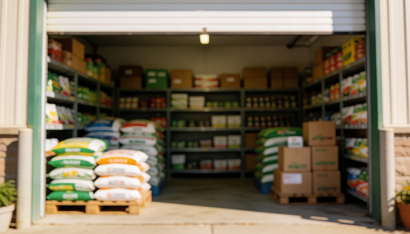 A blurred background of a store interior featuring shelves stocked with fertilizer and seed bags, pallets, and boxes, suitable for agricultural business text overlays.
