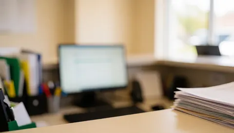 A tidy office workspace featuring a computer, stacked papers, and documents on a neutral desk, providing a calm and professional background suitable for text overlay in agricultural business contexts.