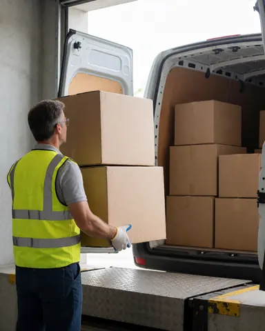 A worker in a yellow safety vest loads cardboard boxes onto a white truck inside a warehouse with natural light, showing logistics and efficiency