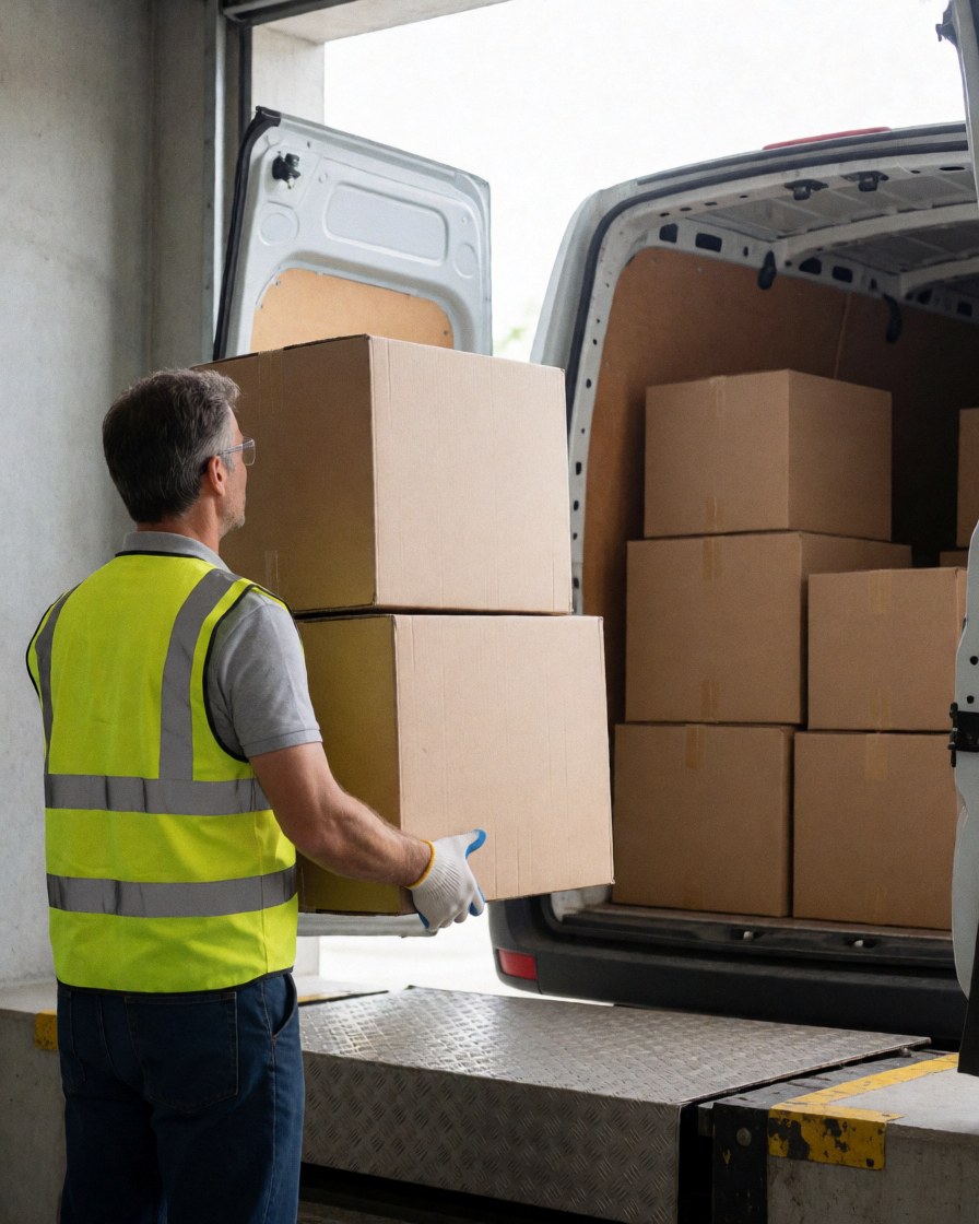 A worker in a yellow safety vest loads cardboard boxes onto a white truck inside a warehouse with natural light, showing logistics and efficiency