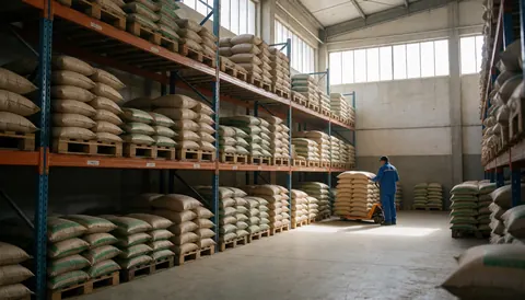Worker in an agricultural warehouse using a forklift to move fertilizer sacks near high windows with natural light in a clean industrial setting