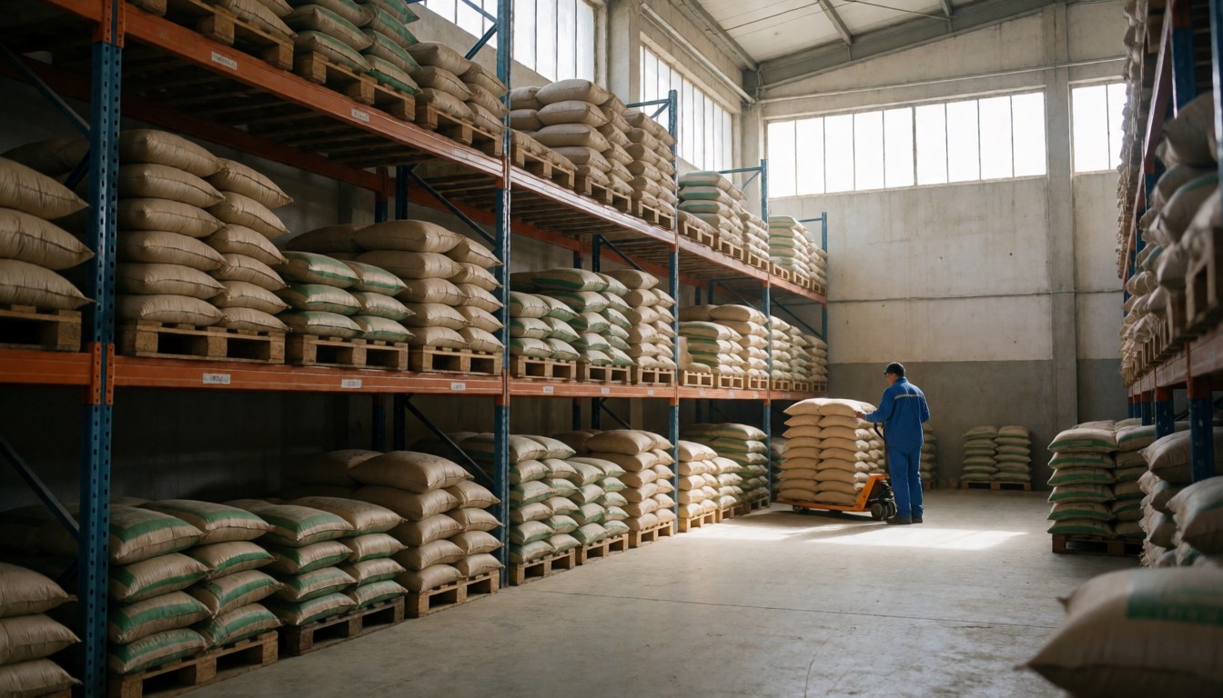 Worker in an agricultural warehouse using a forklift to move fertilizer sacks near high windows with natural light in a clean industrial setting
