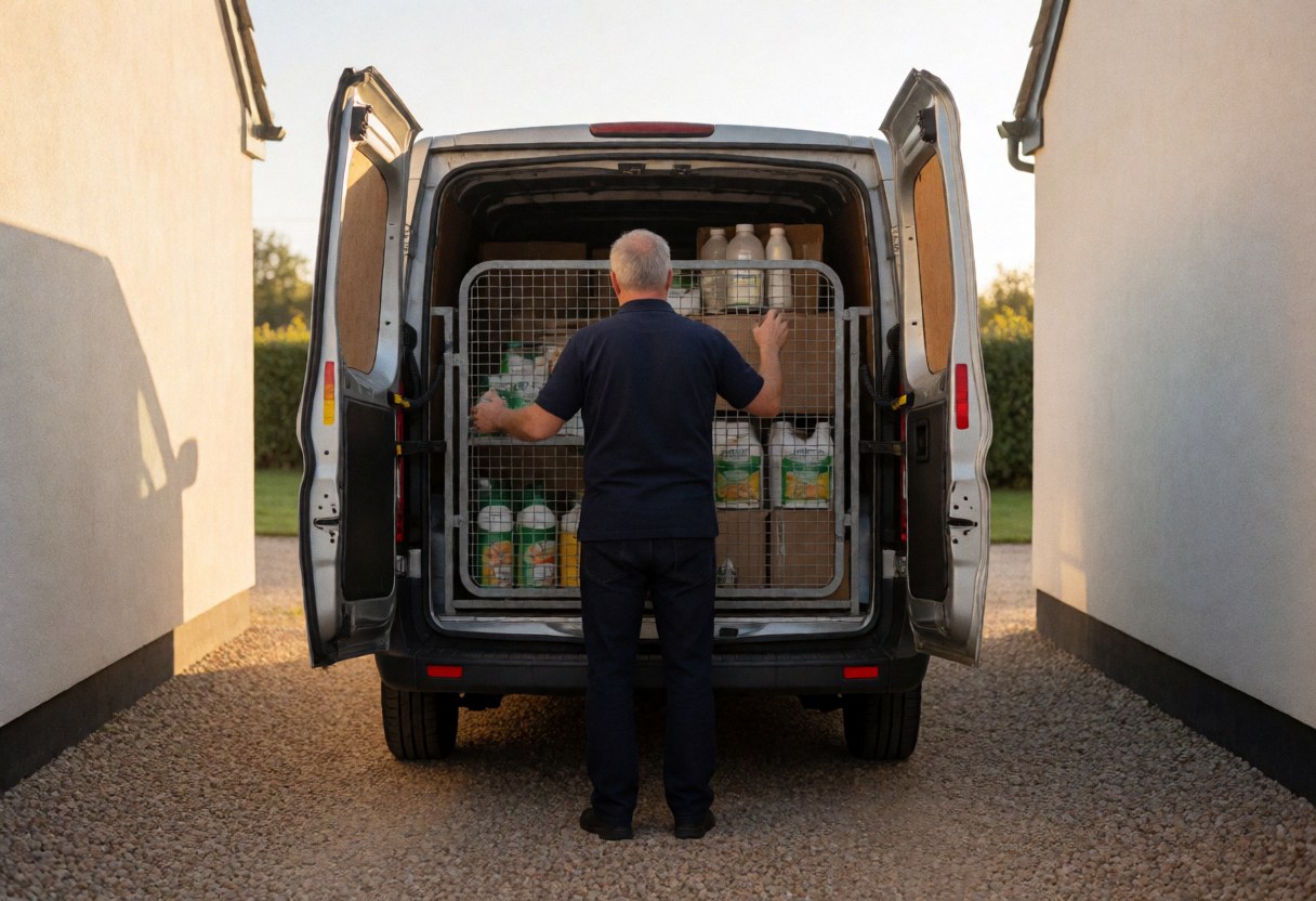 Back view of a worker securing the back door of a truck loaded with agricultural products on a gravel surface near white walls at sunset.