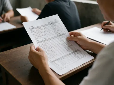 Close-up view of a scholarship application form resting on a wooden desk surface, highlighting the details of the document and stationery.