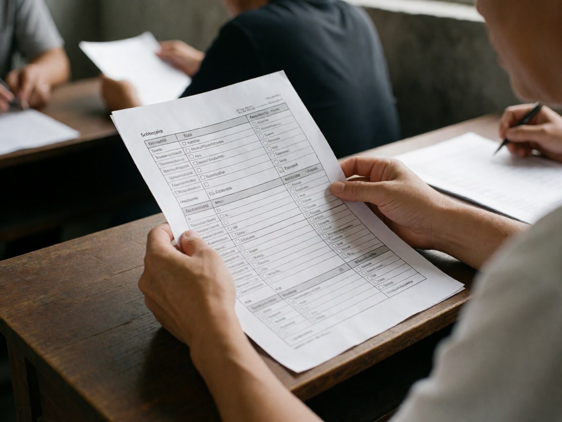 Close-up view of a scholarship application form resting on a wooden desk surface, highlighting the details of the document and stationery.