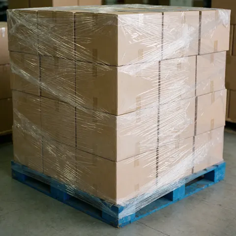 A wooden pallet loaded with stacked cardboard boxes prepared for distribution in a manufacturing warehouse setting