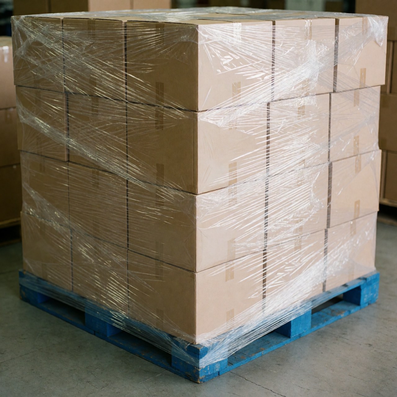 A wooden pallet loaded with stacked cardboard boxes prepared for distribution in a manufacturing warehouse setting
