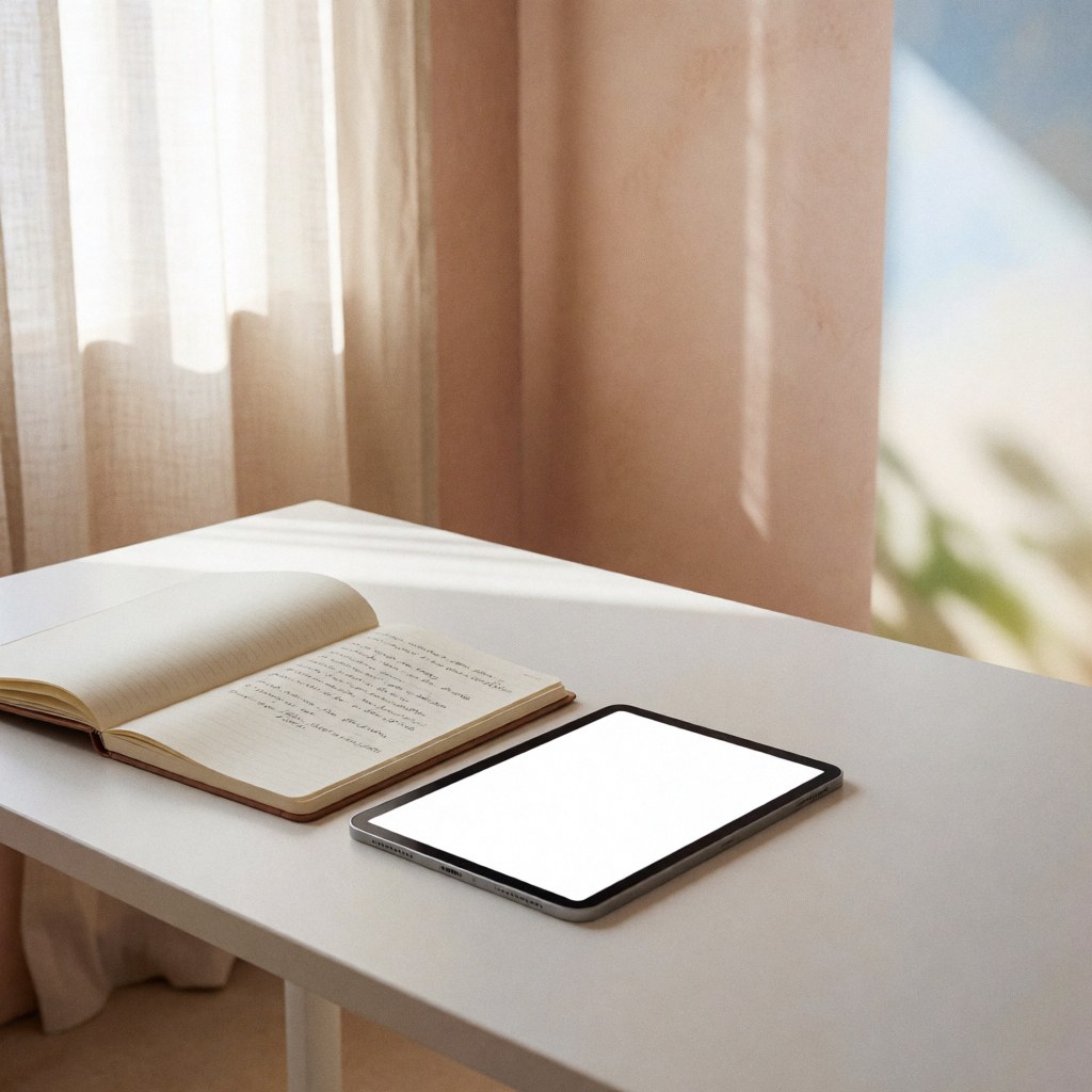White desk in a psychology office featuring an open notebook and tablet, natural window light, terracotta walls, and copy space