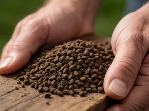 Close-up view of granular organic fertilizer held in hands, highlighting texture and detail for agricultural use