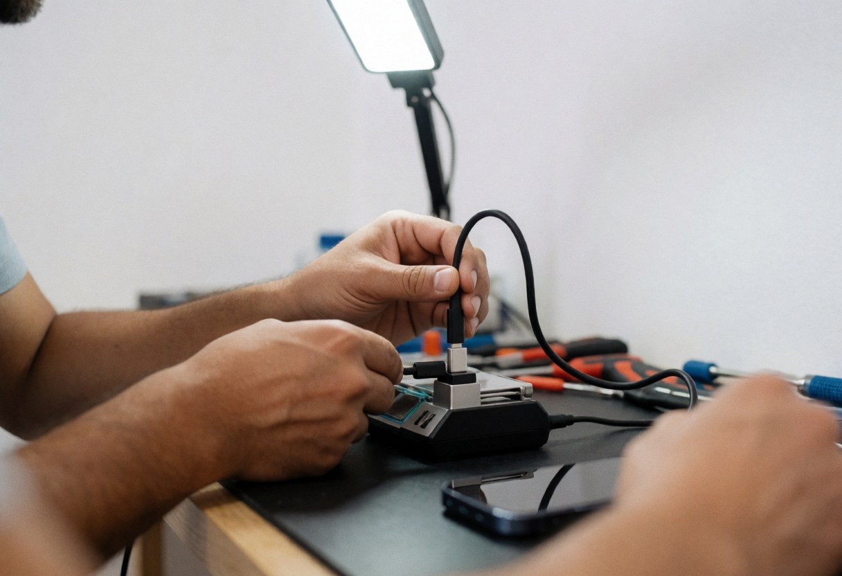 Close-up of technician hands connecting a USB-C cable to a diagnostic dock on a workbench with tools and LED light