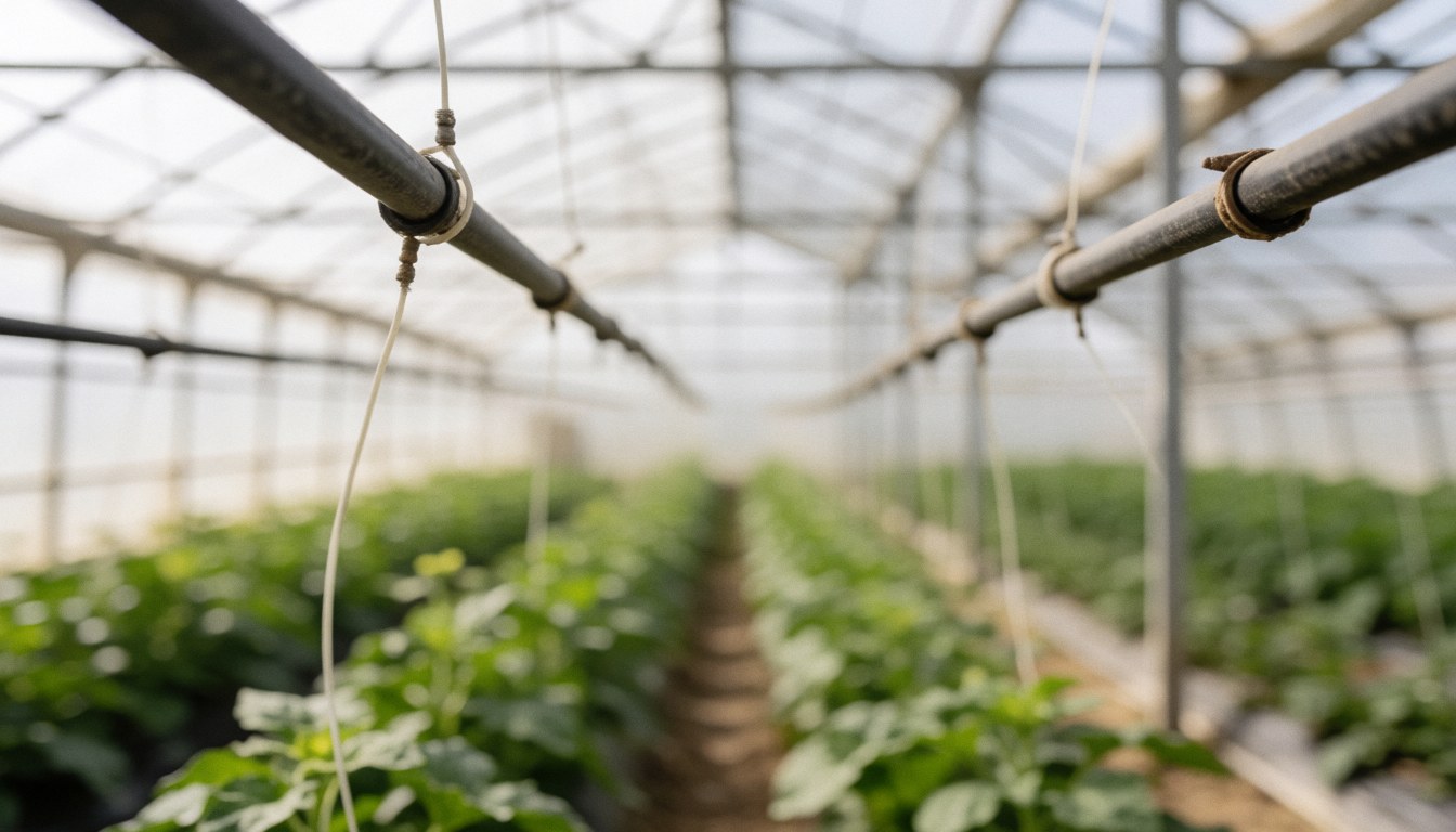 Green greenhouse background featuring lush plants and irrigation pipes, ideal for agricultural text overlays and natural farm settings