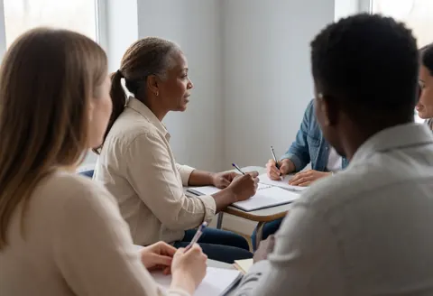 Students actively participating in a language school class, taking notes and discussing with their teacher at a table in a bright room