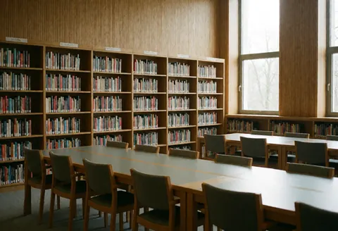 Spacious university library interior featuring wooden bookshelves, long study tables, and chairs illuminated by natural light from large windows.